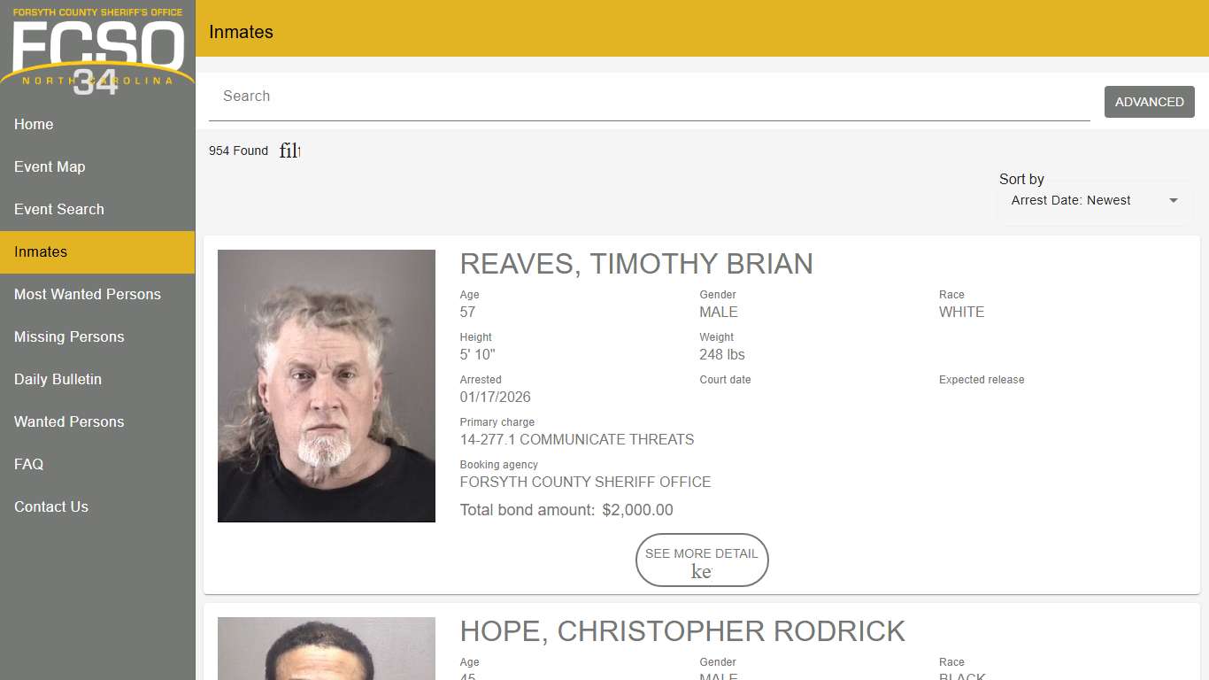 Forsyth County Sheriff's Office | Police to Citizen - Inmates catalog